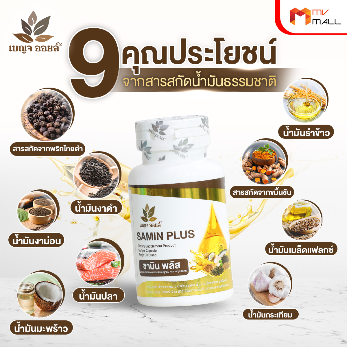 เบญจออยล์ ซามิน พลัส (Benja Oil Samin Plus) ลดอาการปวดข้อและกระดูก ขนาด 30 ซอฟเจล จำนวน 5 กระปุก - Image 3