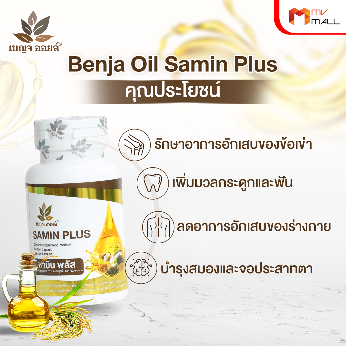 เบญจออยล์ ซามิน พลัส (Benja Oil Samin Plus) ลดอาการปวดข้อและกระดูก ขนาด 30 ซอฟเจล จำนวน 5 กระปุก - Image 4