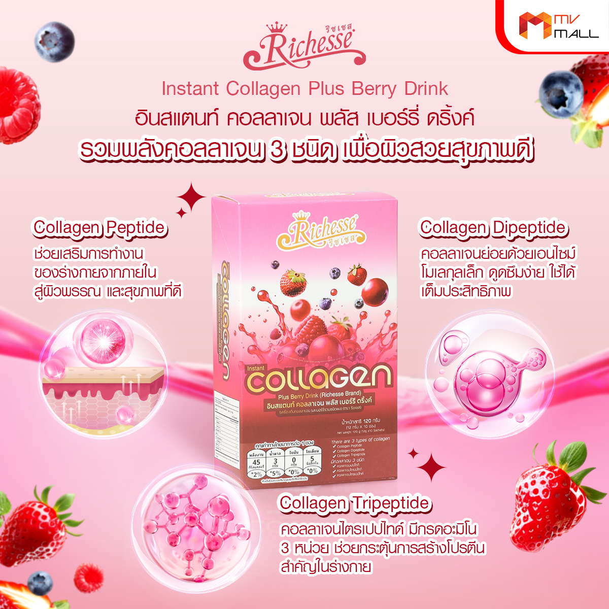 Richesse Collagen ริชเชส คอลลาเจน ช่วยบำรุงผิว กระดูก ข้อ ผม เล็บ ขนาด 120 กรัม จำนวน 3 กล่อง - Image 3