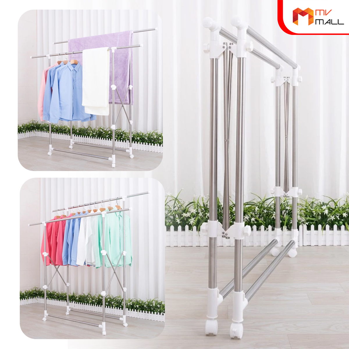 Double Rack ราวตากผ้า สเตนเลสอย่างดี มีล้อ พับเก็บได้ ยืดหดได้ - Image 4