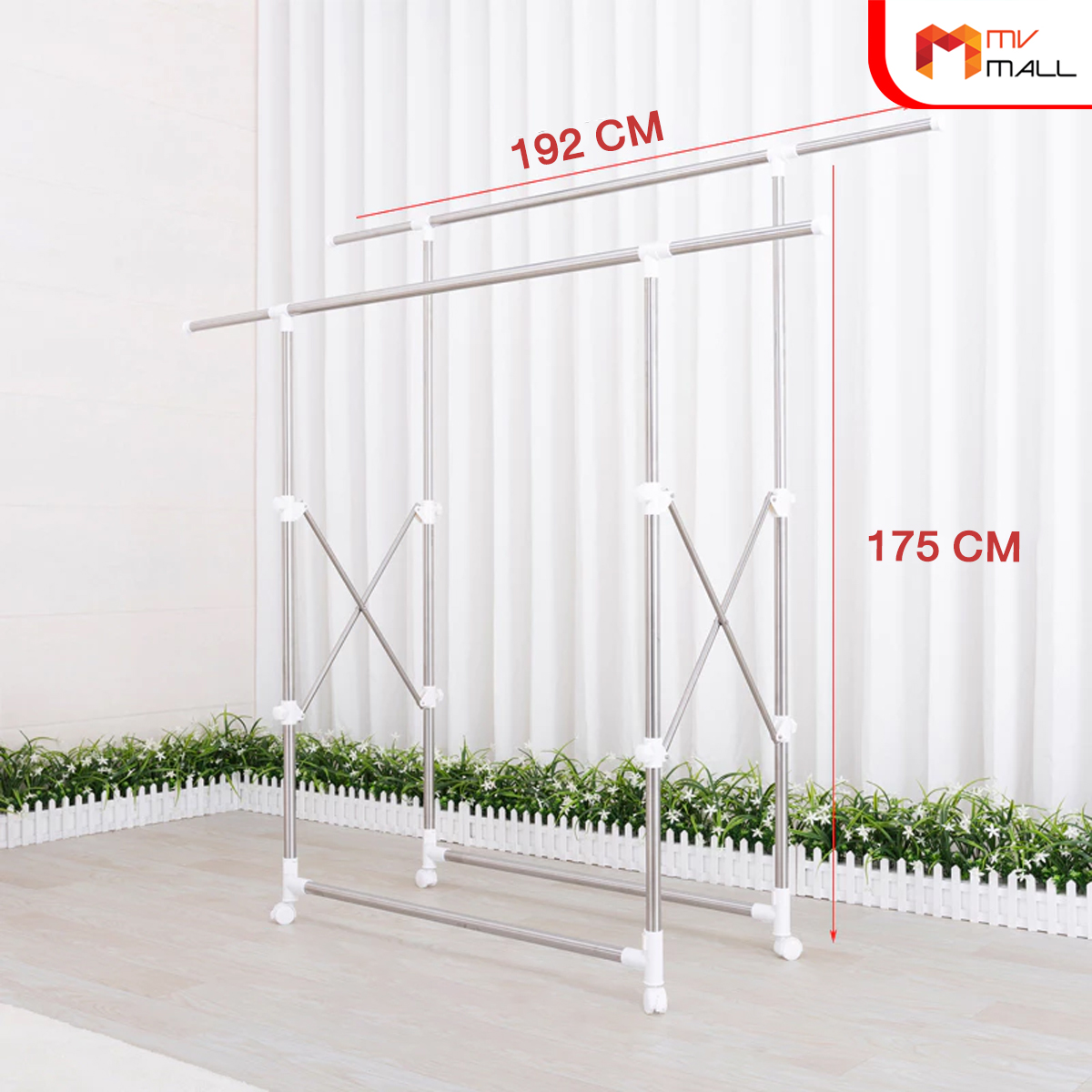 Double Rack ราวตากผ้า สเตนเลสอย่างดี มีล้อ พับเก็บได้ ยืดหดได้ - Image 7