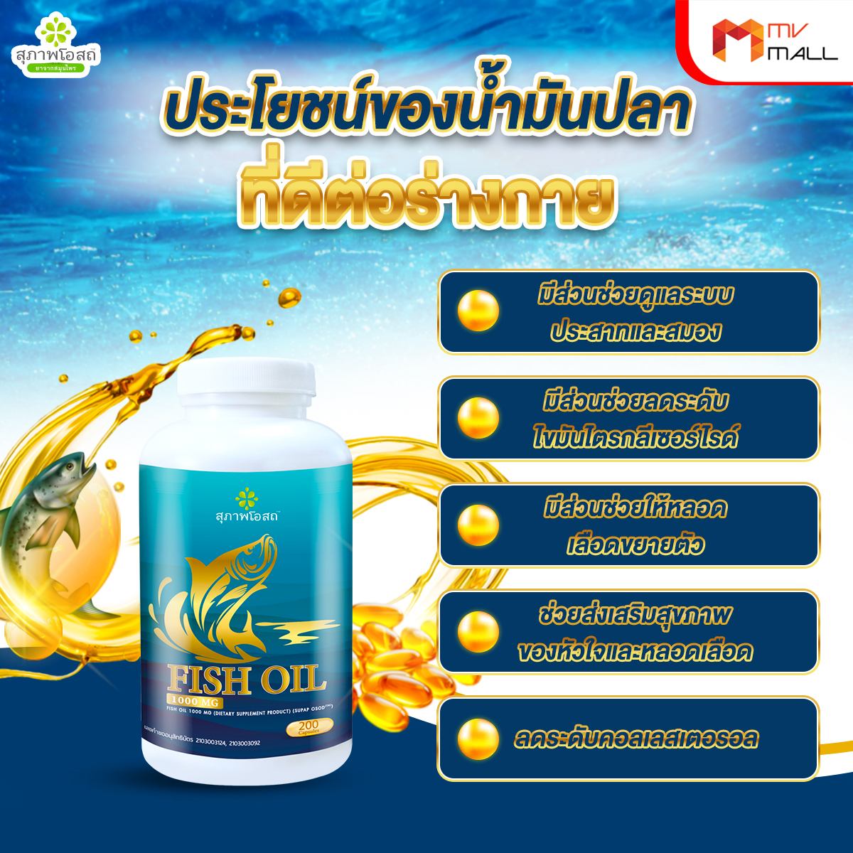 สุภาพโอสถ Fish Oil ผลิตภัณฑ์เสริมอาหารน้ำมันปลา บำรุงสมอง ขนาด 200 ซอฟเจล จำนวน 2 กระปุก - Image 3