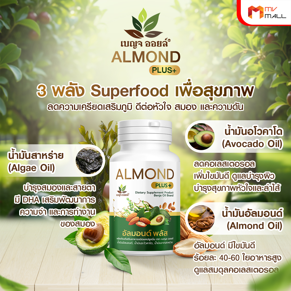 เบญจออยล์ อัลมอนด์ พลัส (Almond Plus+) เพิ่มไขมันดี เสริมภูมิร่างกาย ขนาด 30 แคปซูล จำนวน 6 กระปุก - Image 3