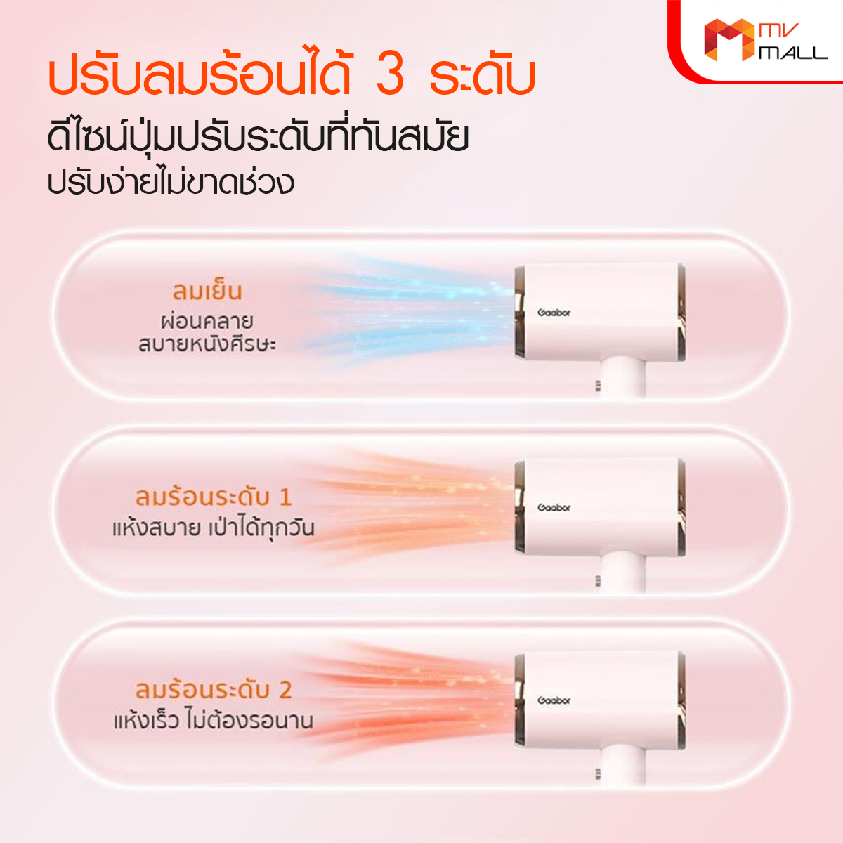 Gaabor ไดร์เป่าผม รุ่น GHD-N1000D ปรับได้ 3 ระดับ (สีชมพู) - Image 6