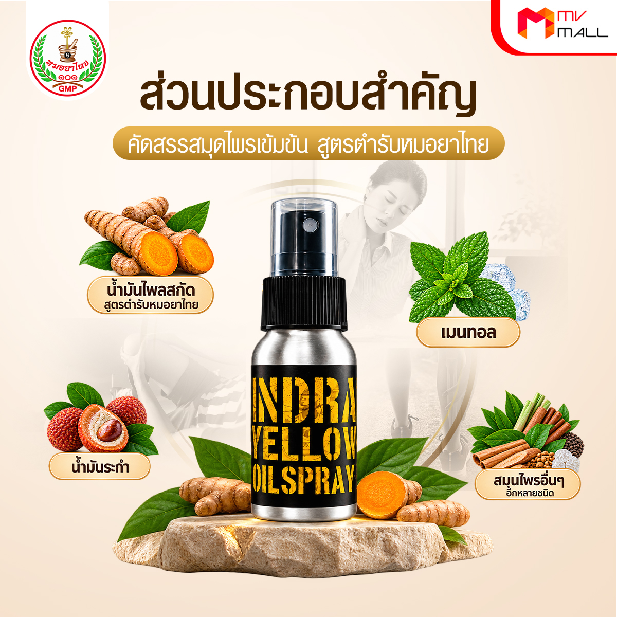 สเปรย์น้ำมันเหลือง ตราพระอินทร์ แก้วปวดเมื่อคลายกล้ามเนื้อ ขนาด 60 ml. จำนวน 3 ขวด - Image 4