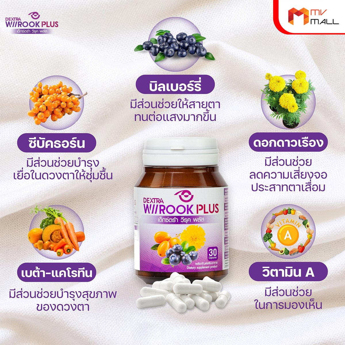 เด็กซ์ตร้า วีรุค พลัส (DEXTRA Wiirook Plus) อาหารเสริมสำหรับดูแลสายตา ขนาด 30 แคปซูล จำนวน 1 กระปุก + แว่นตา - Image 2