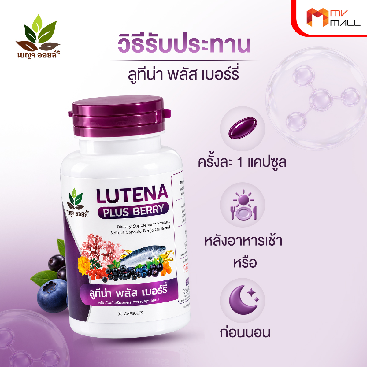 เบญจออยล์ ลูทีน่า พลัส เบอร์รี่ (Lutena Plus Berry) บำรุงดวงตาและสมอง ขนาด 30 แคปซูล จำนวน 1 กระปุก - Image 4